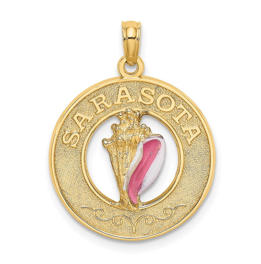 14K Yellow Gold SARASOTA Circle w/ Enamel Conch Shell Charm – Elegant Jewelry Gift for Birthday, Anniversary, Engagement, Wedding