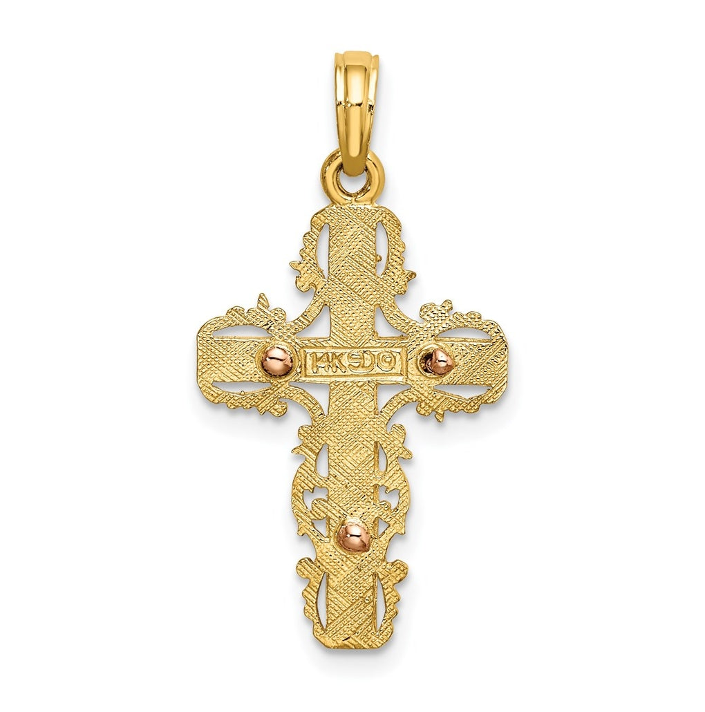 14K Two-Tone Gold w/ Lace Trim Cross Charm – Elegant Jewelry Gift for Birthday, Anniversary, Engagement, Wedding