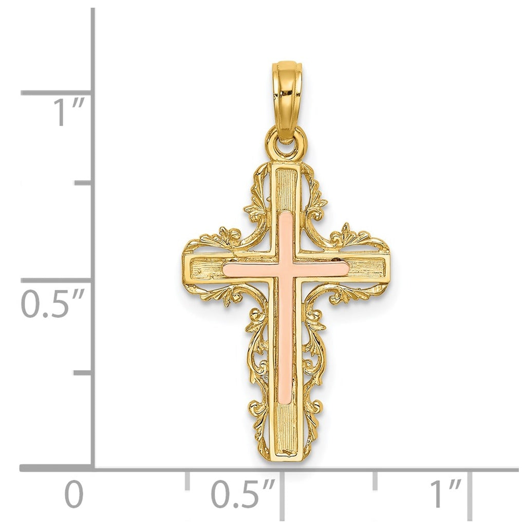 14K Two-Tone Gold w/ Lace Trim Cross Charm – Elegant Jewelry Gift for Birthday, Anniversary, Engagement, Wedding