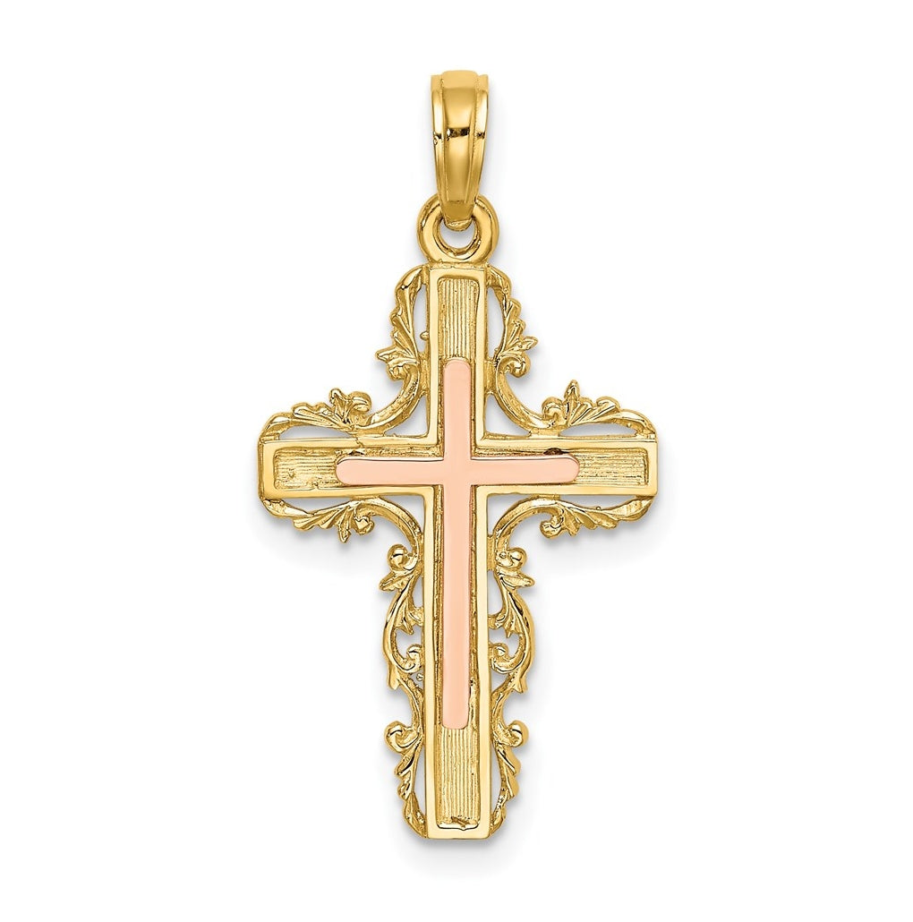 14K Two-Tone Gold w/ Lace Trim Cross Charm – Elegant Jewelry Gift for Birthday, Anniversary, Engagement, Wedding
