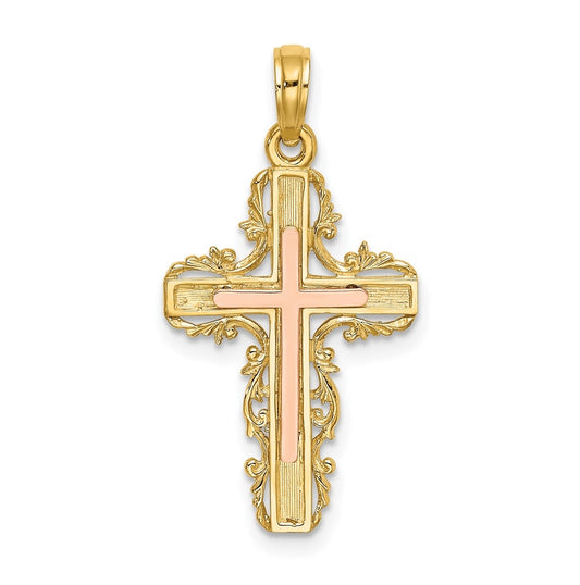 14K Two-Tone Gold w/ Lace Trim Cross Charm – Elegant Jewelry Gift for Birthday, Anniversary, Engagement, Wedding