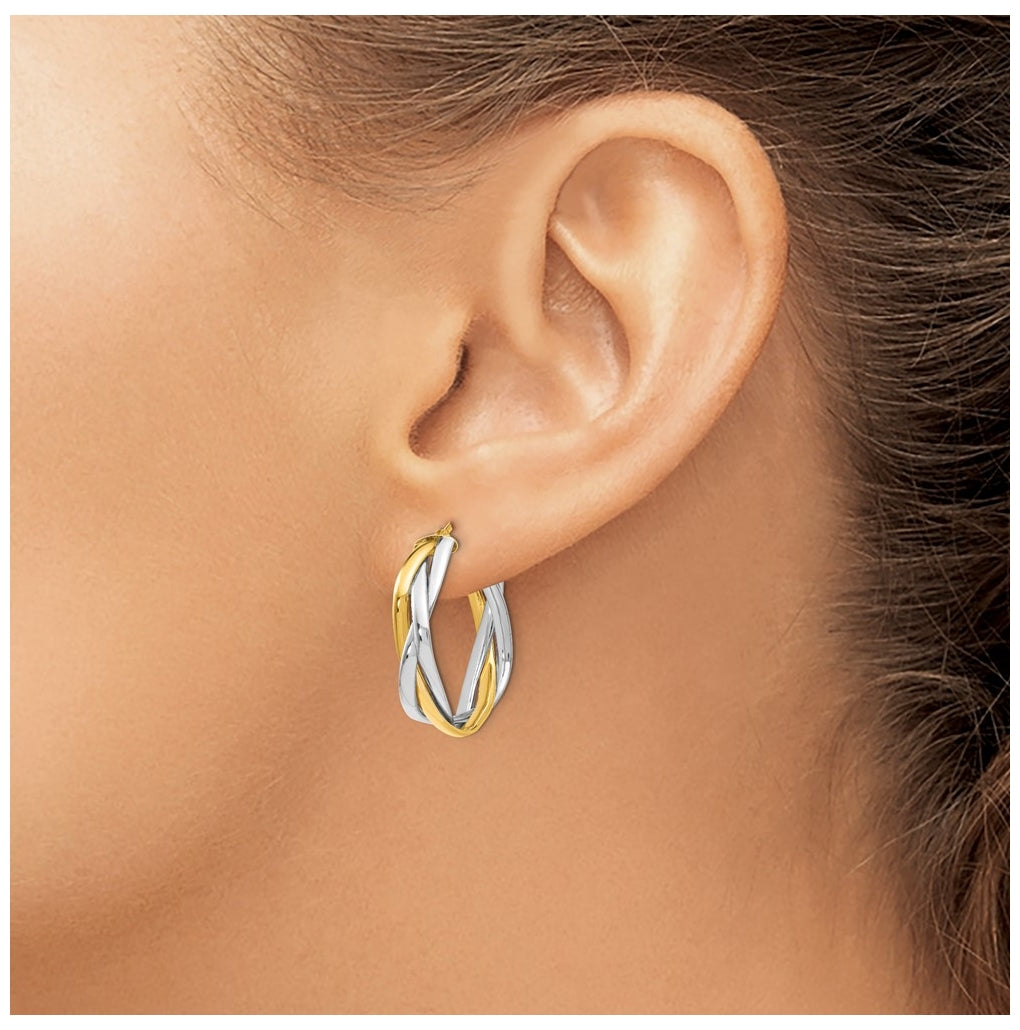 Leslie's 14K Yellow Gold with Rhodium Braided Hoop Earrings – Elegant Jewelry Gift for Birthday, Anniversary, Engagement, Wedding