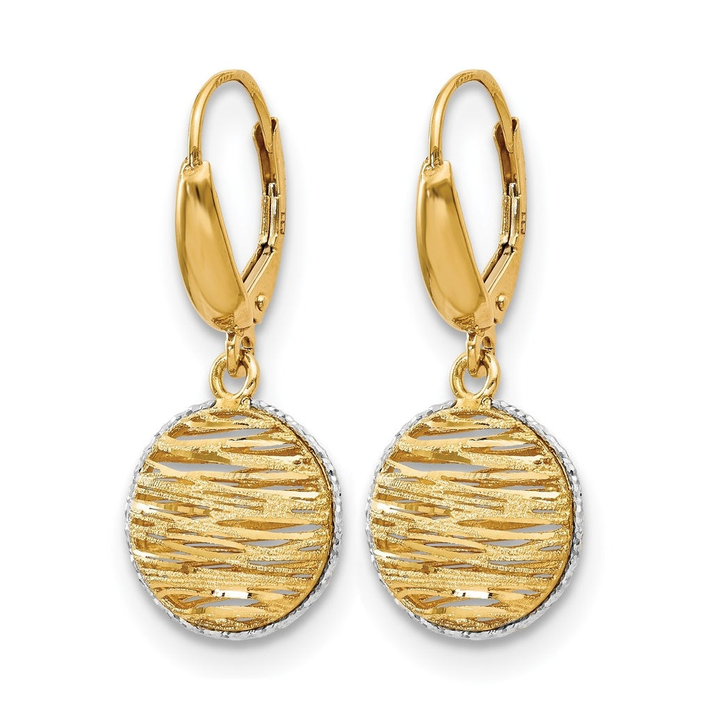 Leslie's 14K Yellow Gold w/Rhodium Polished Diamond Cut Hollow Earrings – Elegant Jewelry Gift for Birthday, Anniversary, Engagement, Wedding