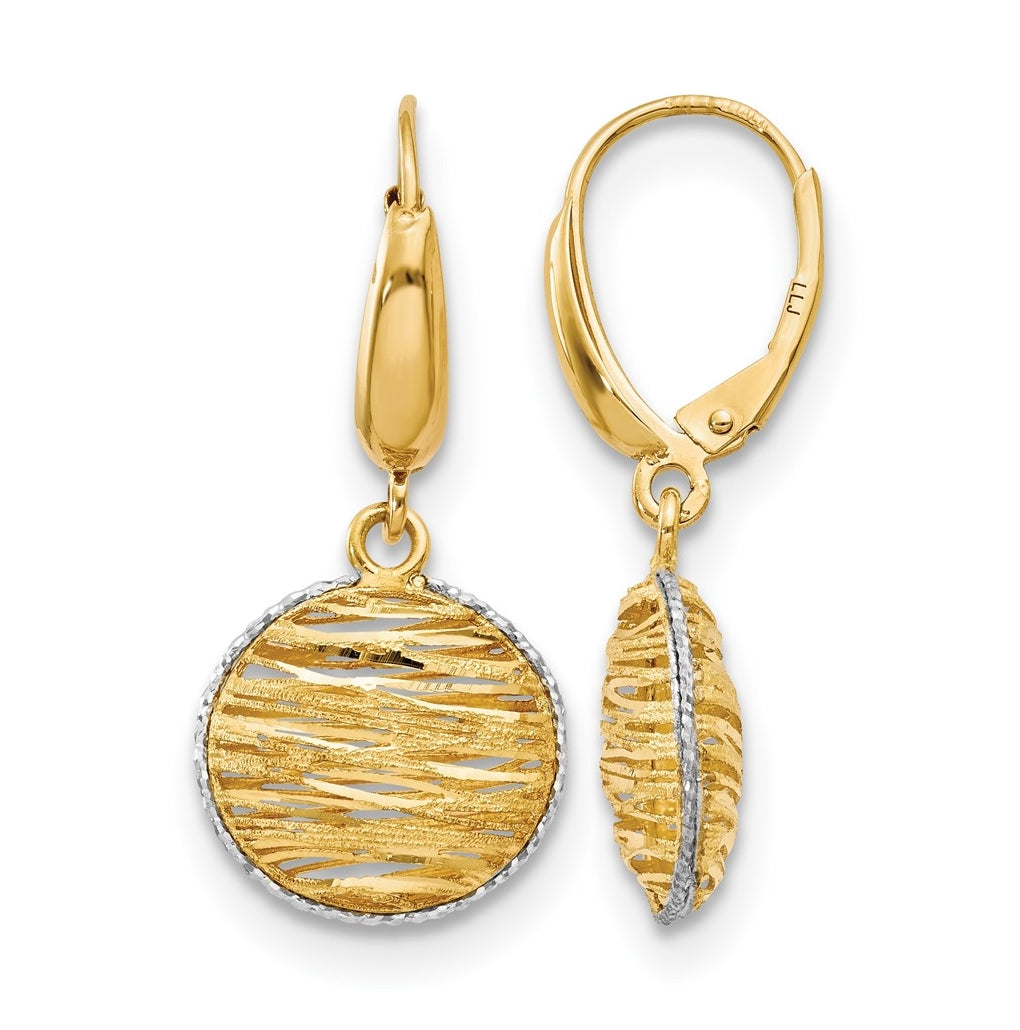 Leslie's 14K Yellow Gold w/Rhodium Polished Diamond Cut Hollow Earrings – Elegant Jewelry Gift for Birthday, Anniversary, Engagement, Wedding
