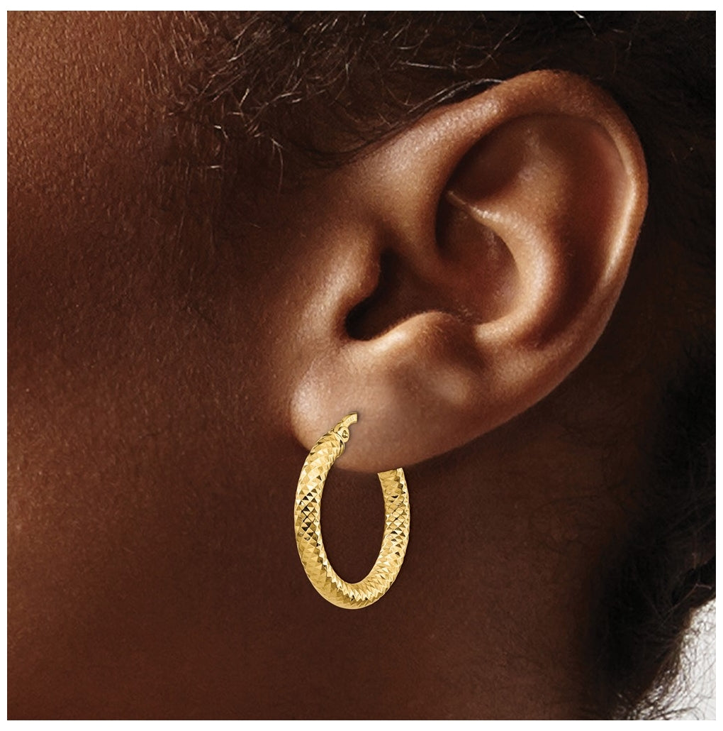 Leslie's 14K Yellow Gold 3x20 Diamond Cut Round Hoop Earrings – Elegant Jewelry Gift for Birthday, Anniversary, Engagement, Wedding