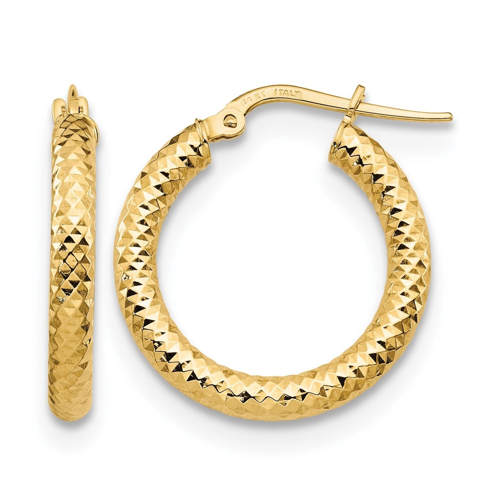 Leslie's 14K Yellow Gold 3x20 Diamond Cut Round Hoop Earrings – Elegant Jewelry Gift for Birthday, Anniversary, Engagement, Wedding