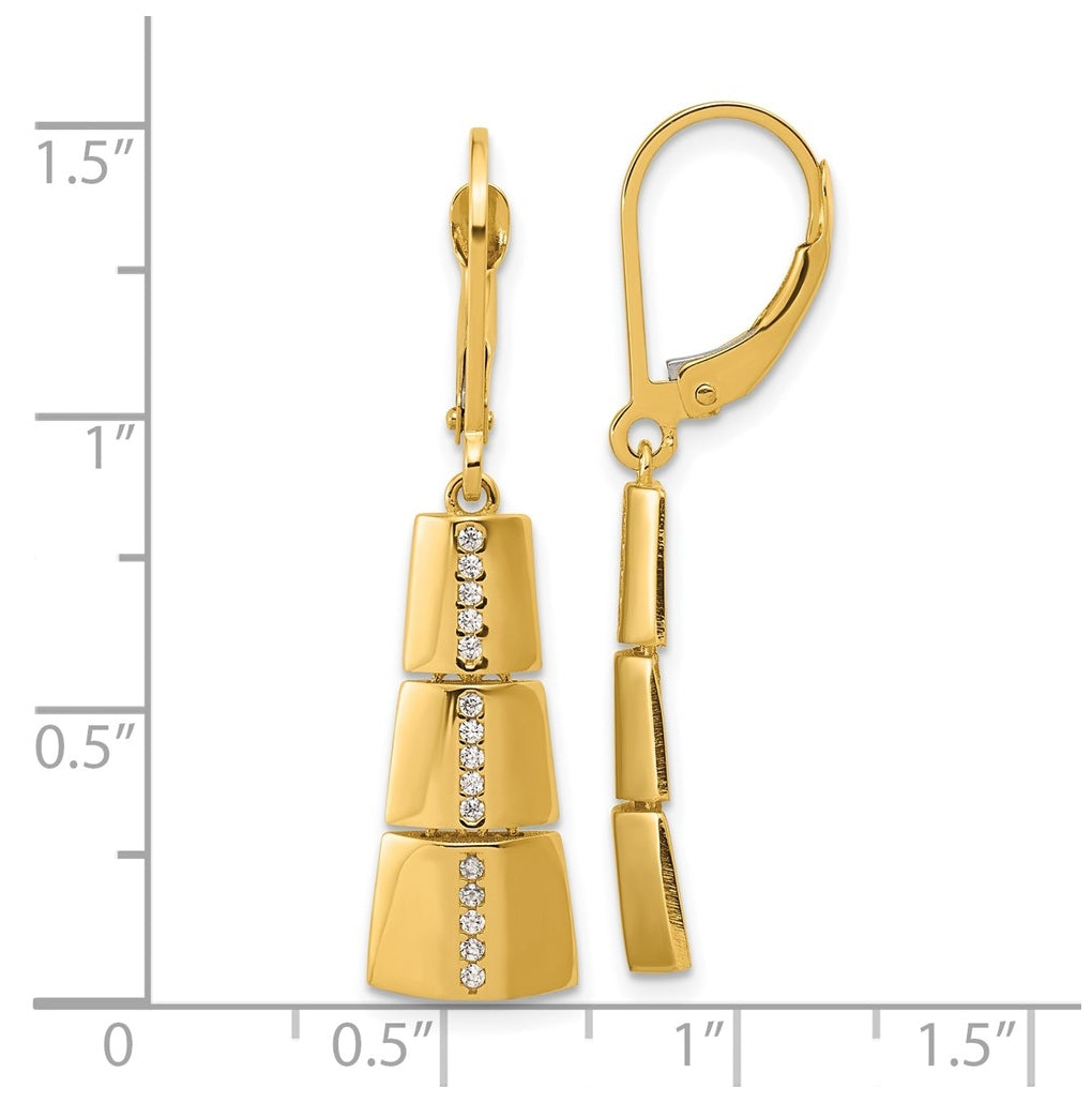 14k Yellow Gold Polished Cubic Zirconia Tapered Dangle Leverback Earrings