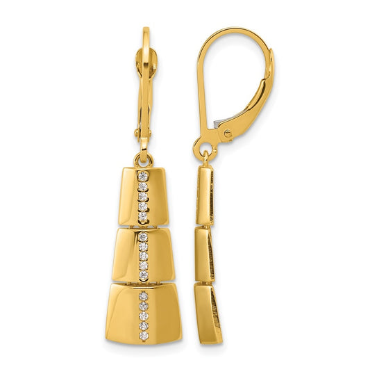 14k Yellow Gold Polished Cubic Zirconia Tapered Dangle Leverback Earrings