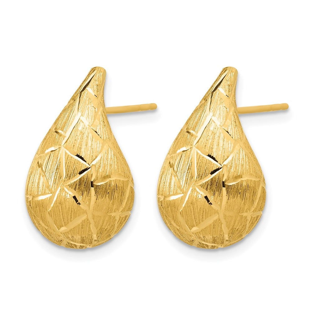 14k Yellow Gold Polished/Brushed/Dia-cut Puffed Teardrop Post Earrings
