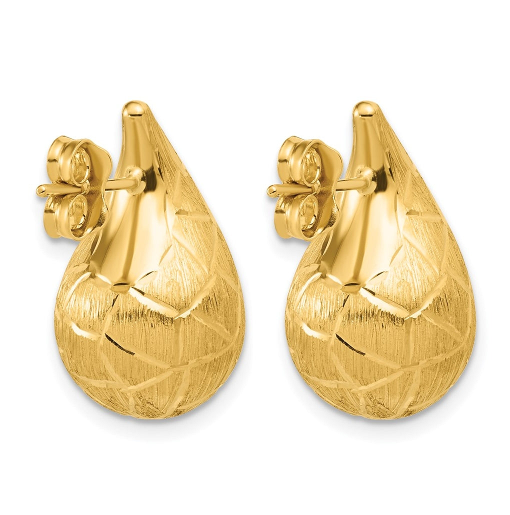 14k Yellow Gold Polished/Brushed/Dia-cut Puffed Teardrop Post Earrings