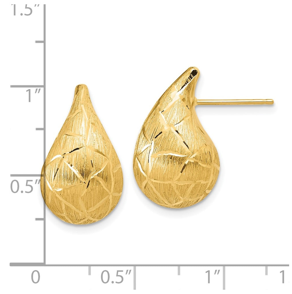 14k Yellow Gold Polished/Brushed/Dia-cut Puffed Teardrop Post Earrings