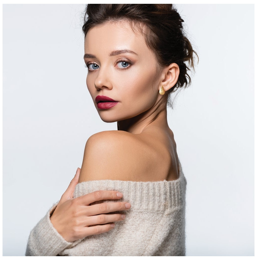 14k Yellow Gold Polished/Brushed/Dia-cut Puffed Teardrop Post Earrings