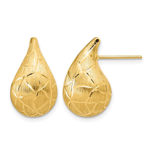 14k Yellow Gold Polished/Brushed/Dia-cut Puffed Teardrop Post Earrings