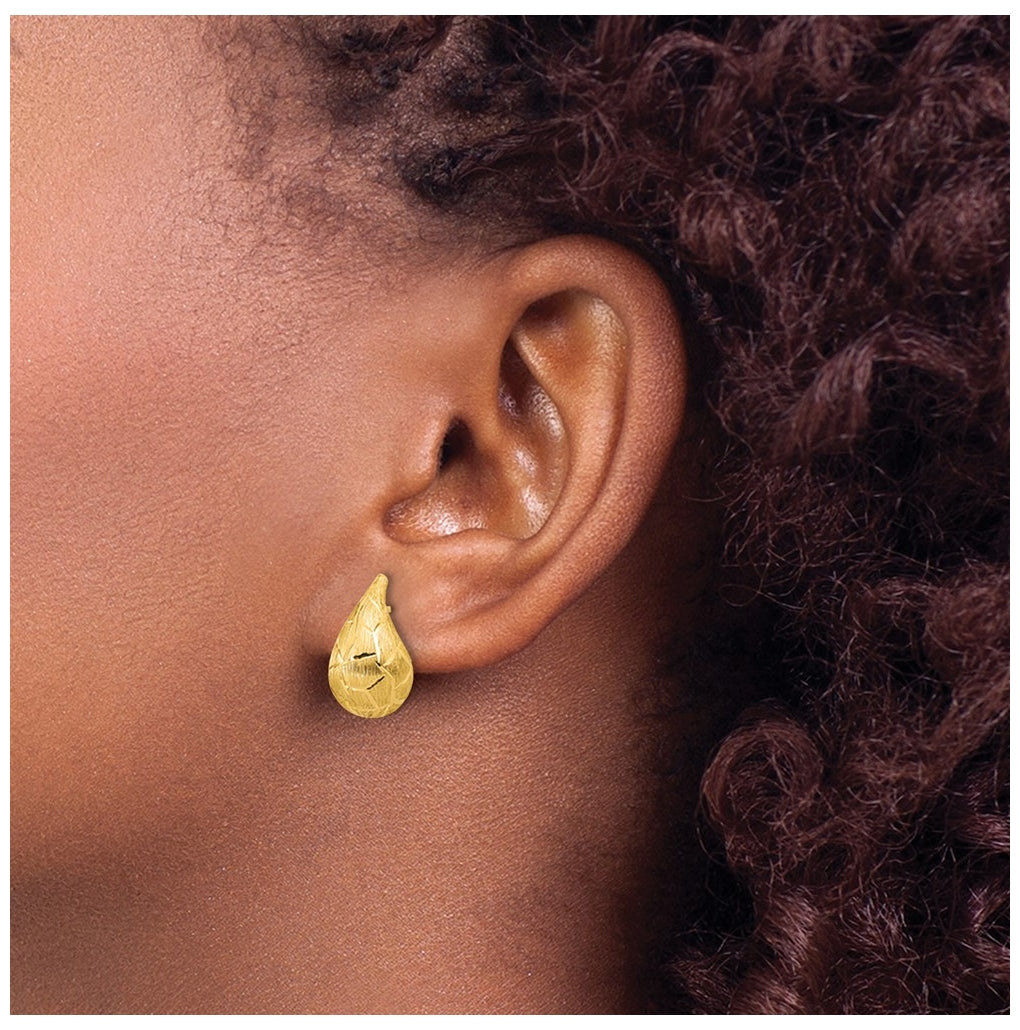14k Yellow Gold Polished/Brushed/Dia-cut Puffed Teardrop Post Earrings