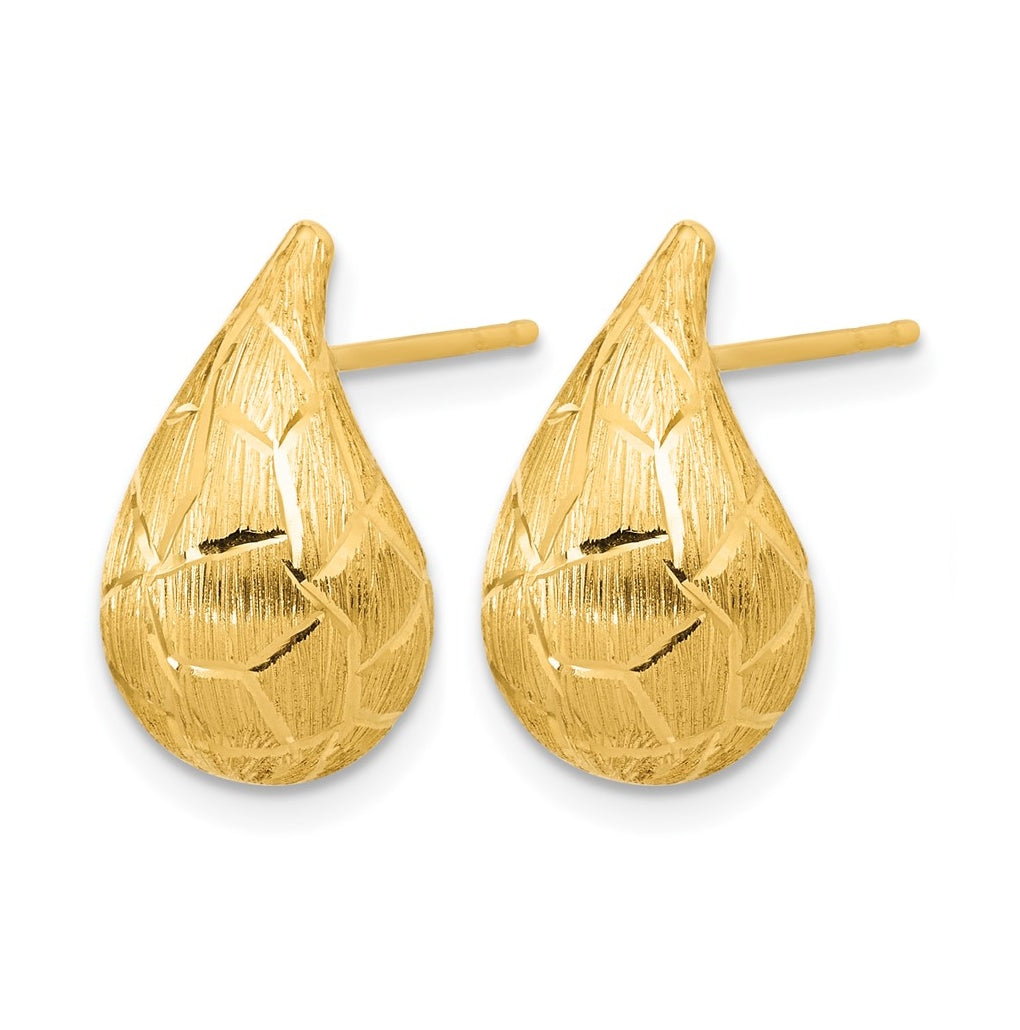 14k Yellow Gold Polished/Brushed/Dia-cut Puffed Teardrop Post Earrings