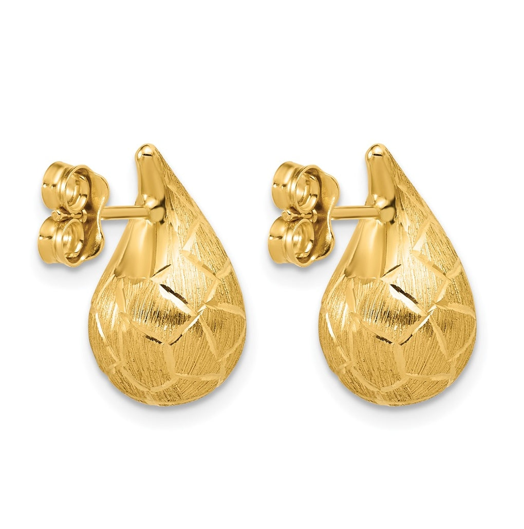 14k Yellow Gold Polished/Brushed/Dia-cut Puffed Teardrop Post Earrings