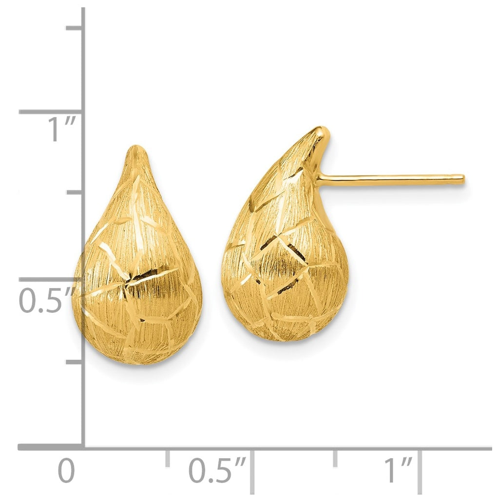 14k Yellow Gold Polished/Brushed/Dia-cut Puffed Teardrop Post Earrings