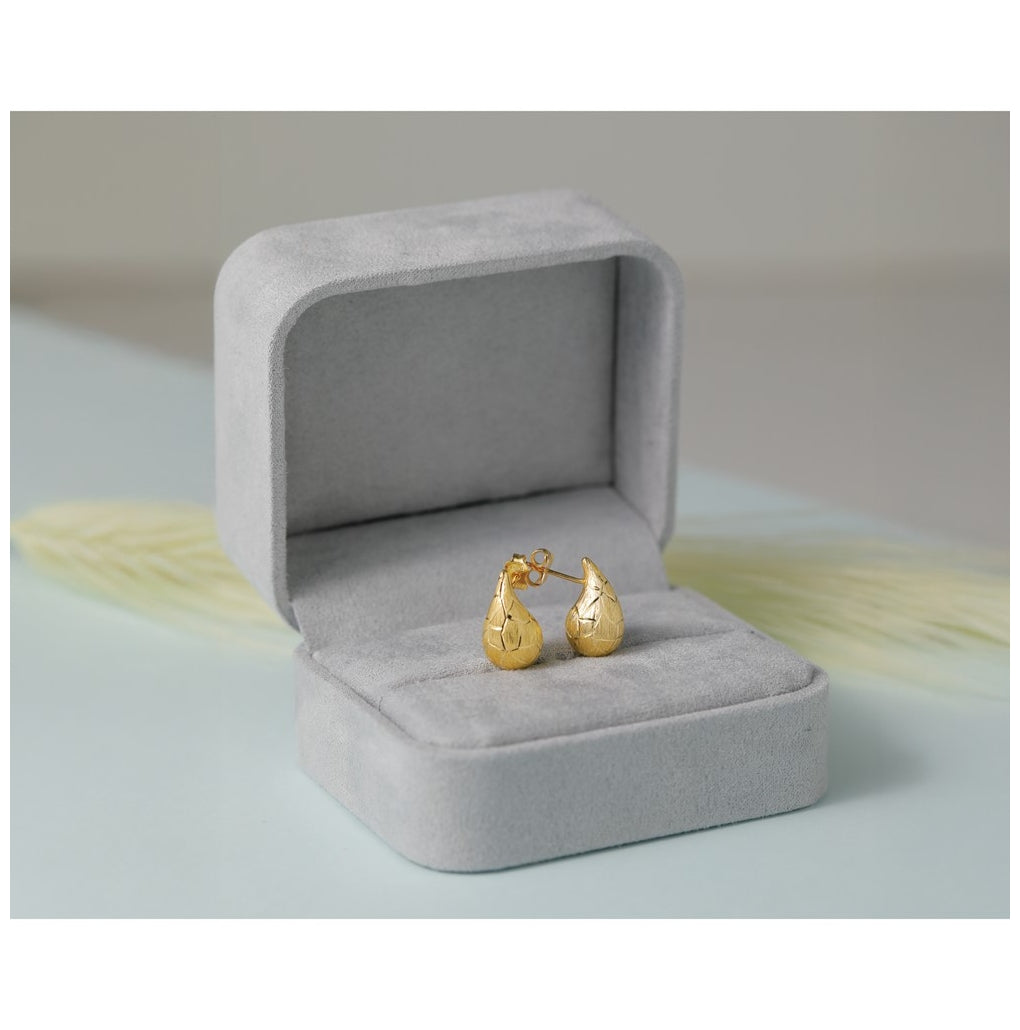 14k Yellow Gold Polished/Brushed/Dia-cut Puffed Teardrop Post Earrings