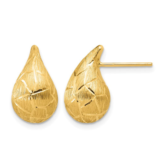 14k Yellow Gold Polished/Brushed/Dia-cut Puffed Teardrop Post Earrings