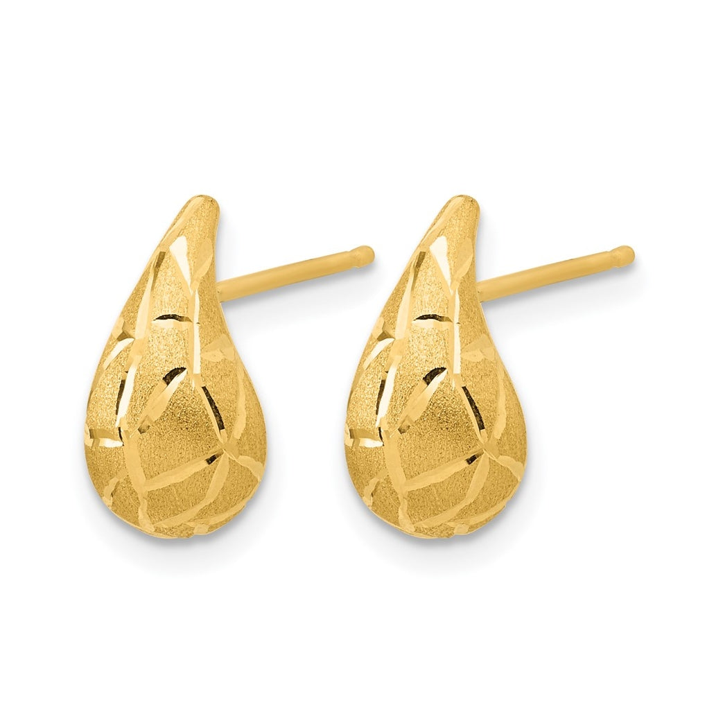 14k Yellow Gold Polished/Brushed/Dia-cut Puffed Teardrop Post Earrings