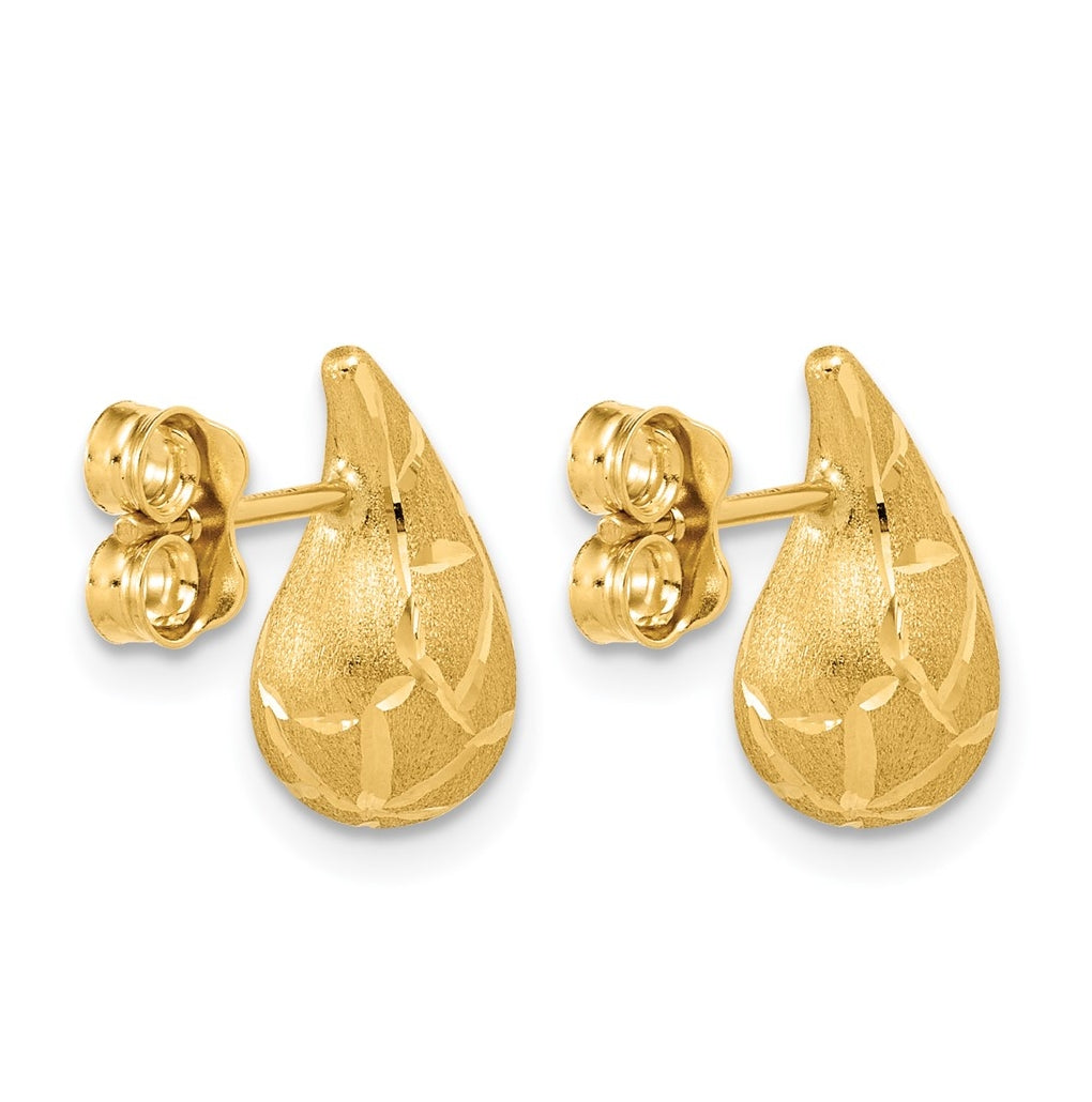 14k Yellow Gold Polished/Brushed/Dia-cut Puffed Teardrop Post Earrings
