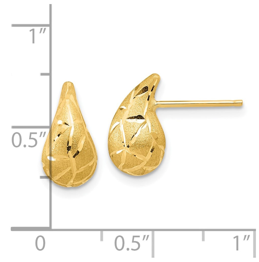 14k Yellow Gold Polished/Brushed/Dia-cut Puffed Teardrop Post Earrings
