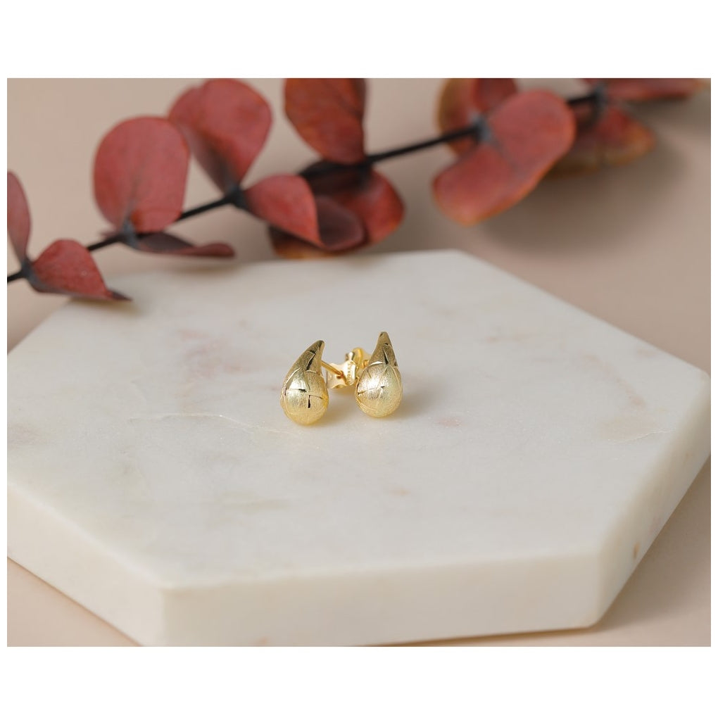 14k Yellow Gold Polished/Brushed/Dia-cut Puffed Teardrop Post Earrings