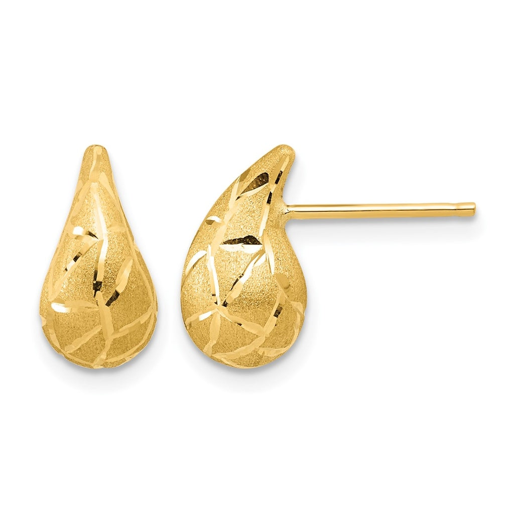 14k Yellow Gold Polished/Brushed/Dia-cut Puffed Teardrop Post Earrings