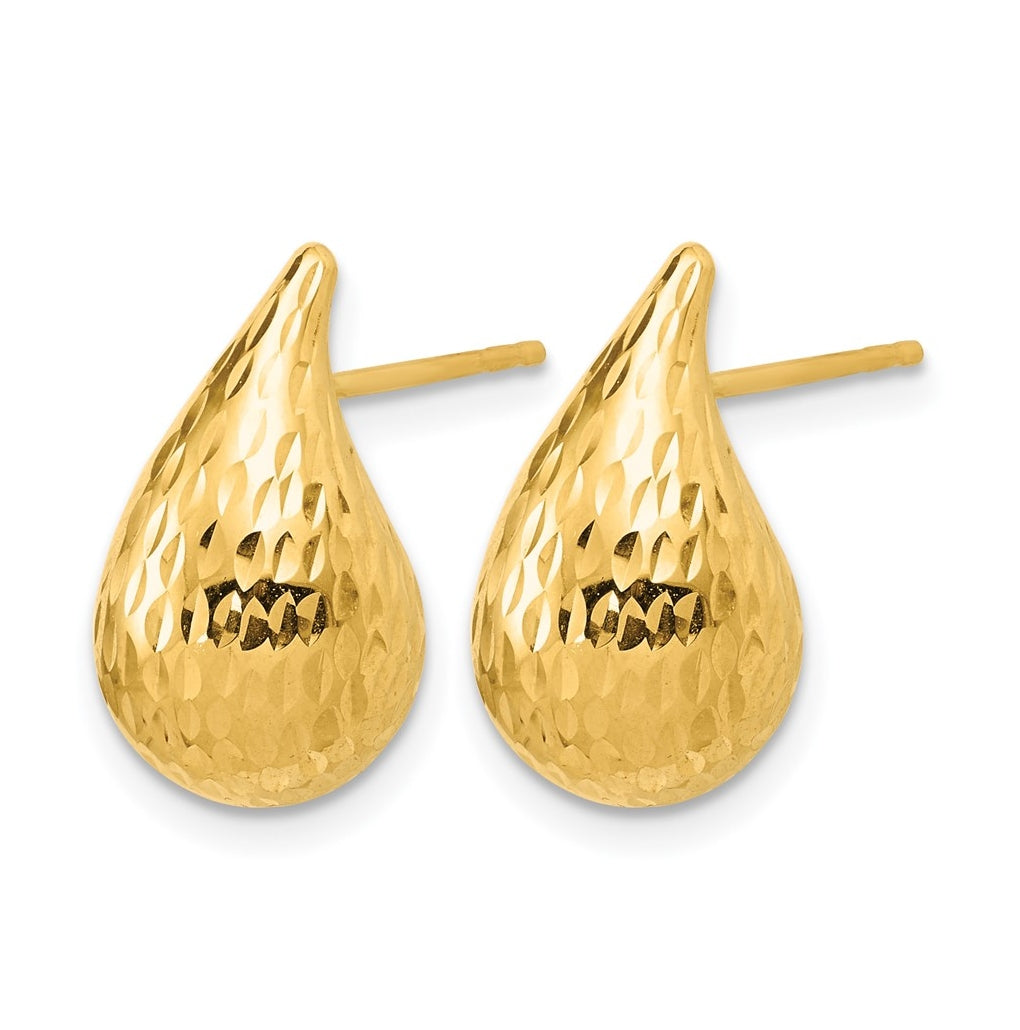 14k Yellow Gold Polished and Diamond-cut Puffed Teardrop Post Earrings