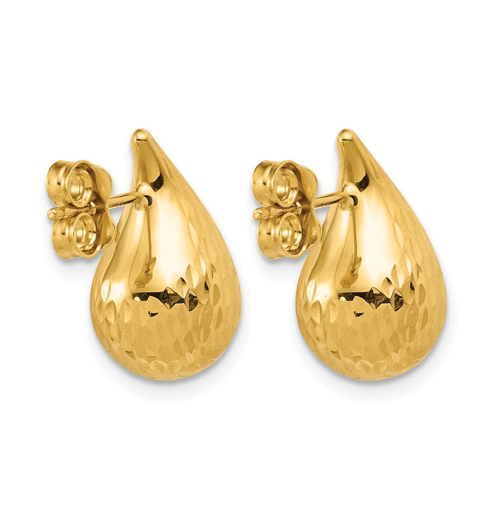 14k Yellow Gold Polished and Diamond-cut Puffed Teardrop Post Earrings