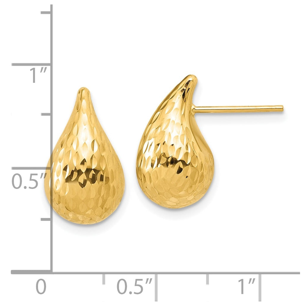 14k Yellow Gold Polished and Diamond-cut Puffed Teardrop Post Earrings