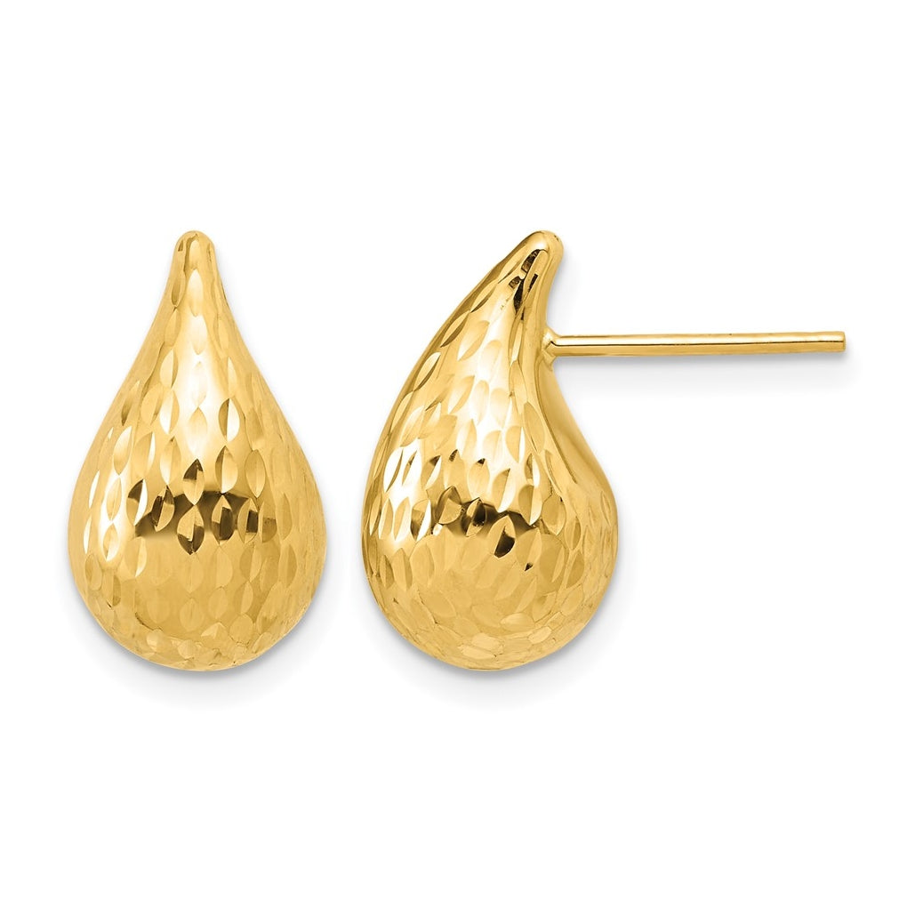 14k Yellow Gold Polished and Diamond-cut Puffed Teardrop Post Earrings