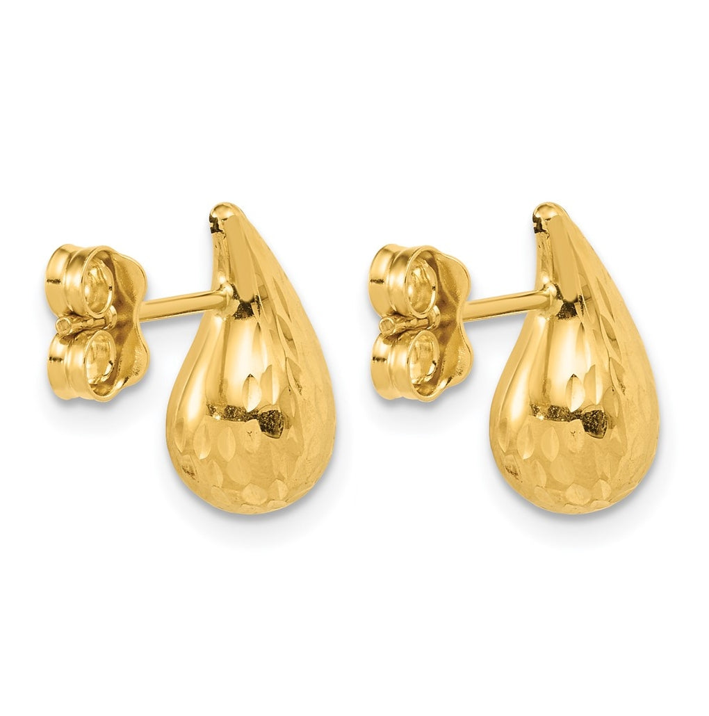 14k Yellow Gold Polished and Diamond-cut Puffed Teardrop Post Earrings