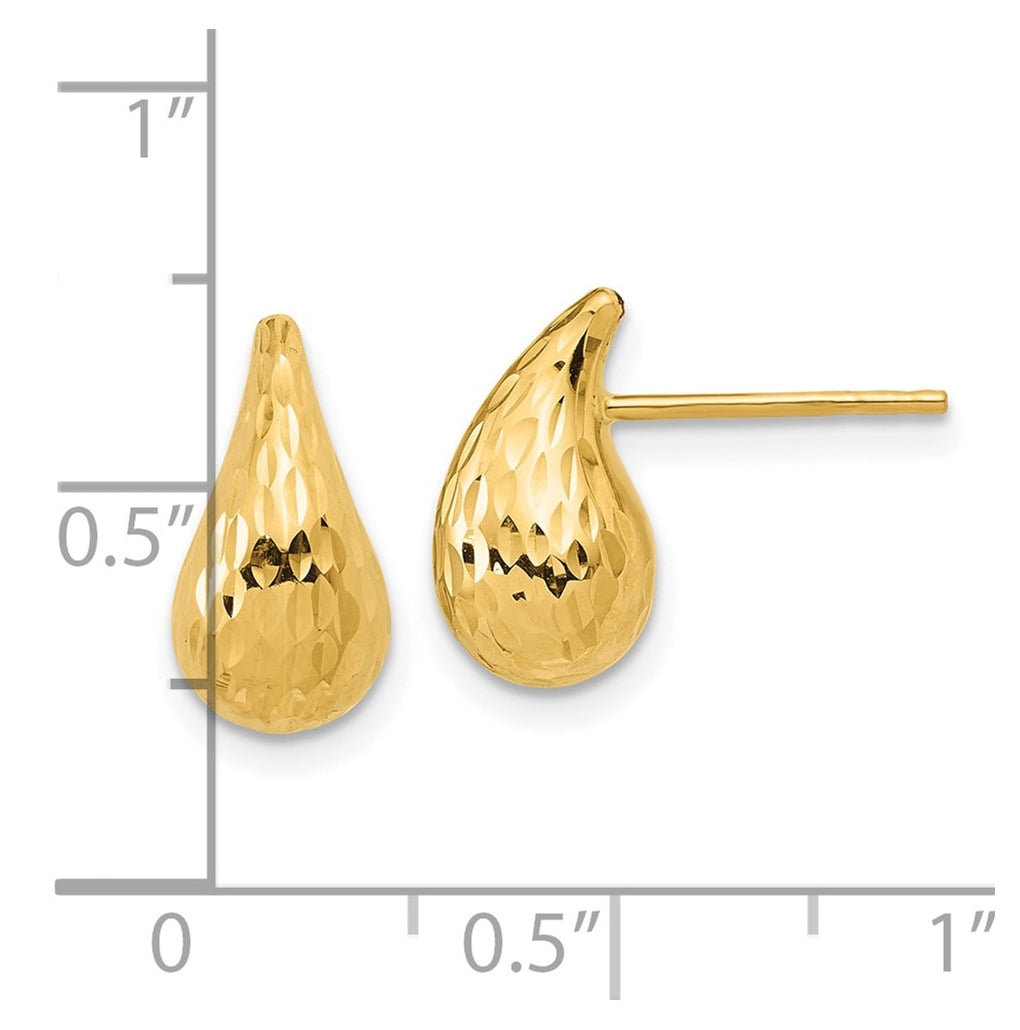 14k Yellow Gold Polished and Diamond-cut Puffed Teardrop Post Earrings