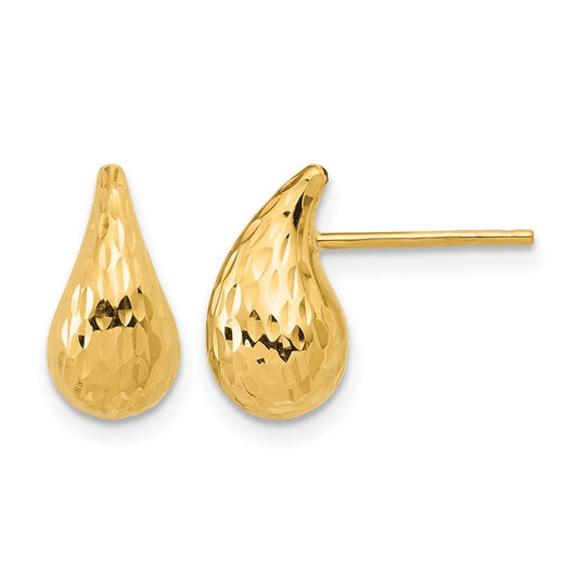 14k Yellow Gold Polished and Diamond-cut Puffed Teardrop Post Earrings