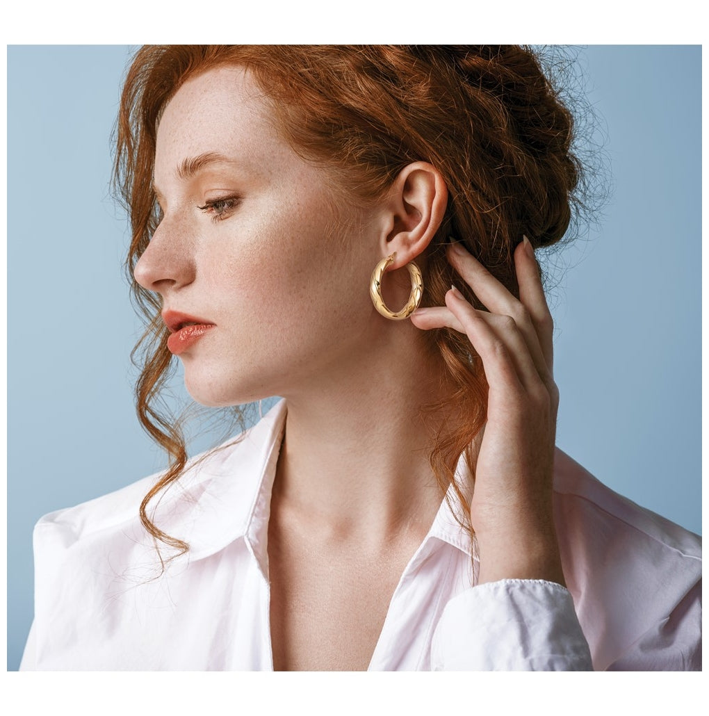 14k Yellow Gold Polished and Grooved Hoop Earrings