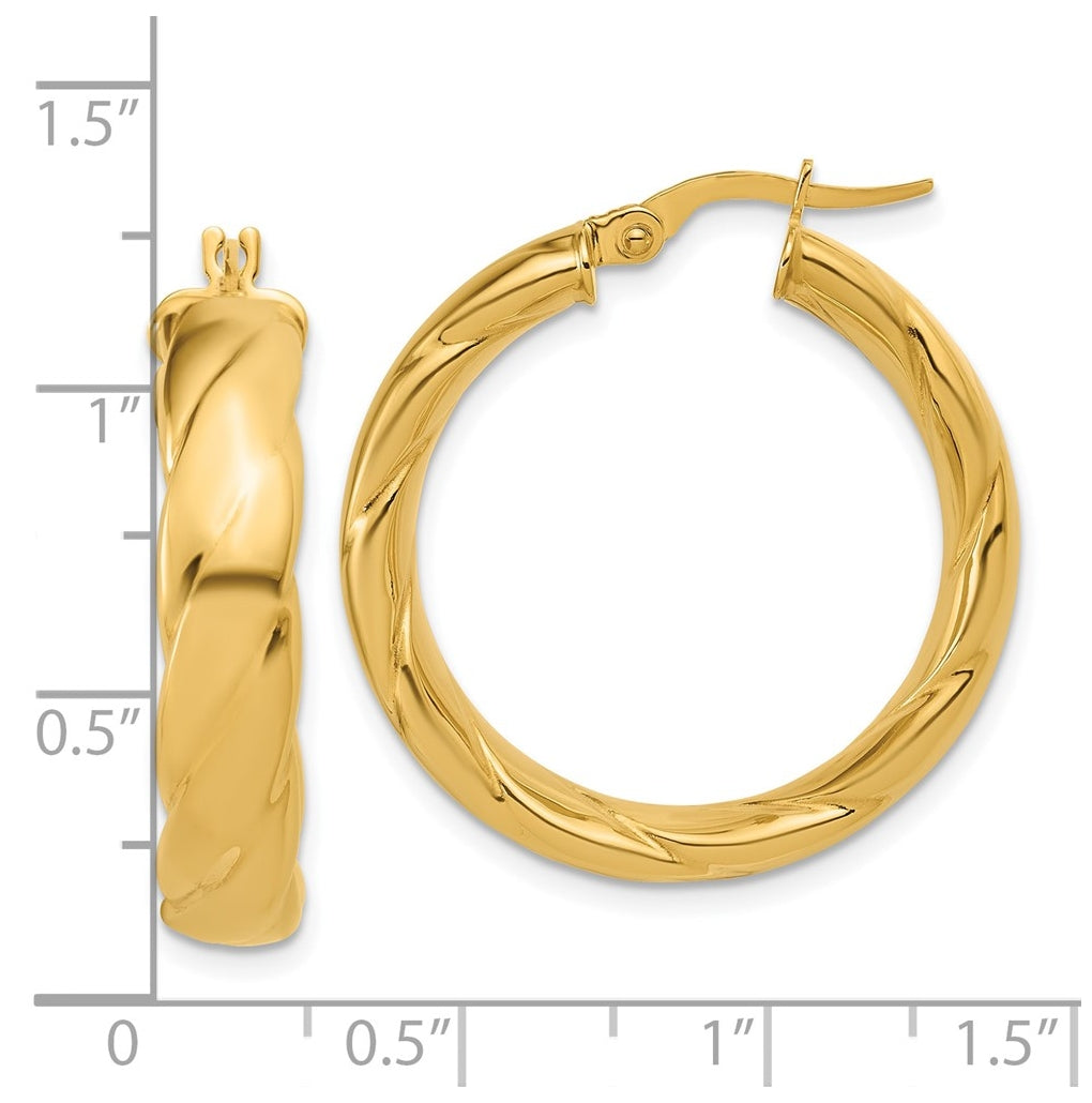 14k Yellow Gold Polished and Grooved Hoop Earrings