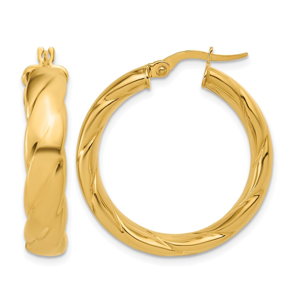14k Yellow Gold Polished and Grooved Hoop Earrings