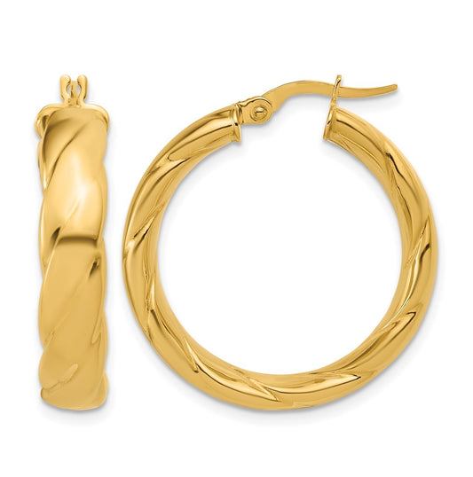 14k Yellow Gold Polished and Grooved Hoop Earrings