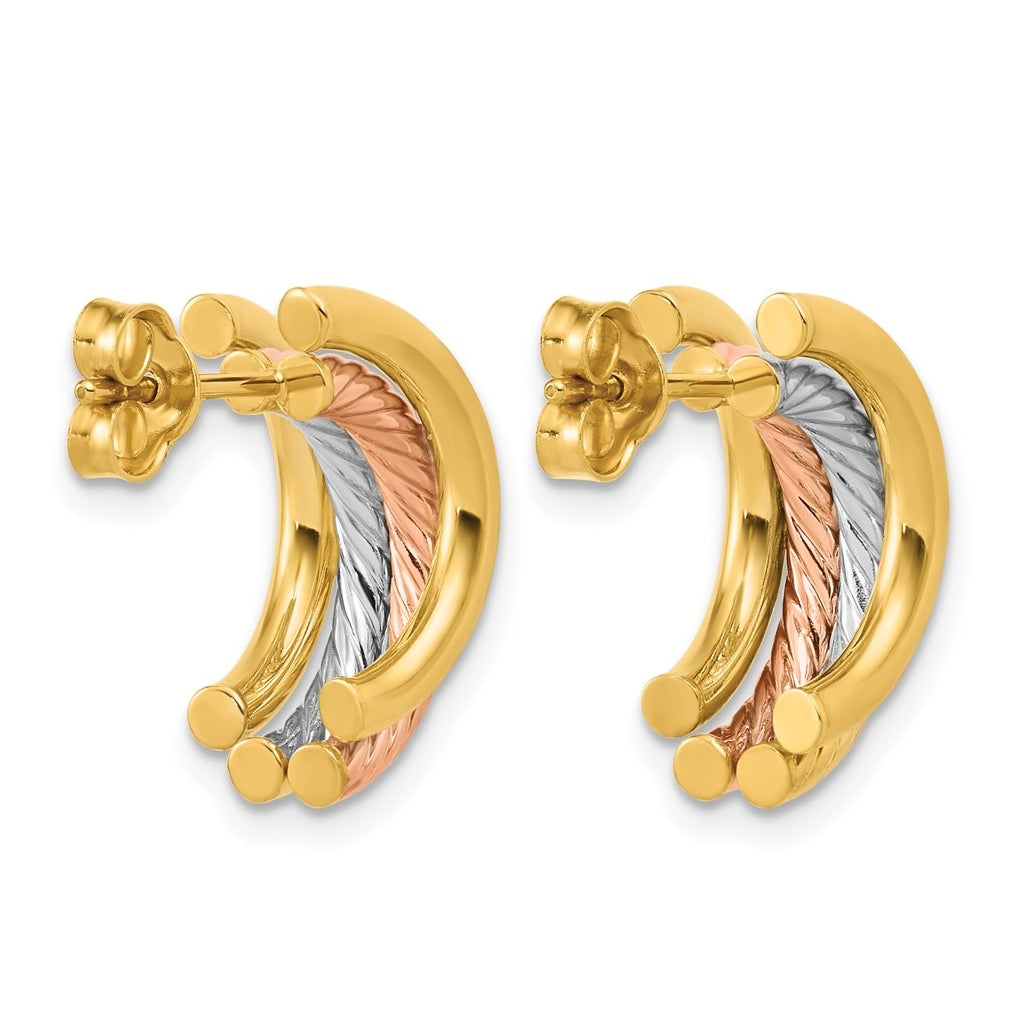 14k Yellow Gold w/Rhod/Rose Gold-plat Polished/Twisted J-Hoop Post Earrings