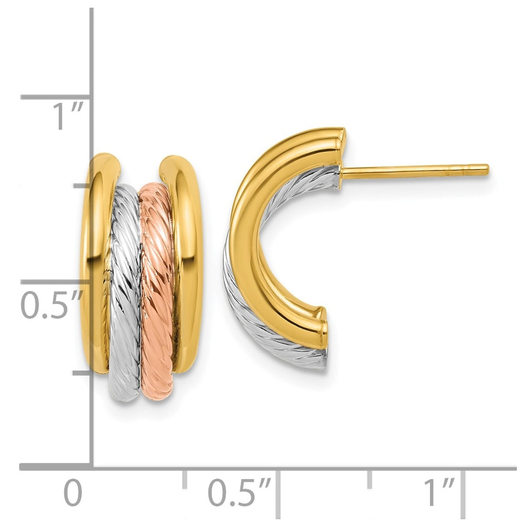 14k Yellow Gold w/Rhod/Rose Gold-plat Polished/Twisted J-Hoop Post Earrings