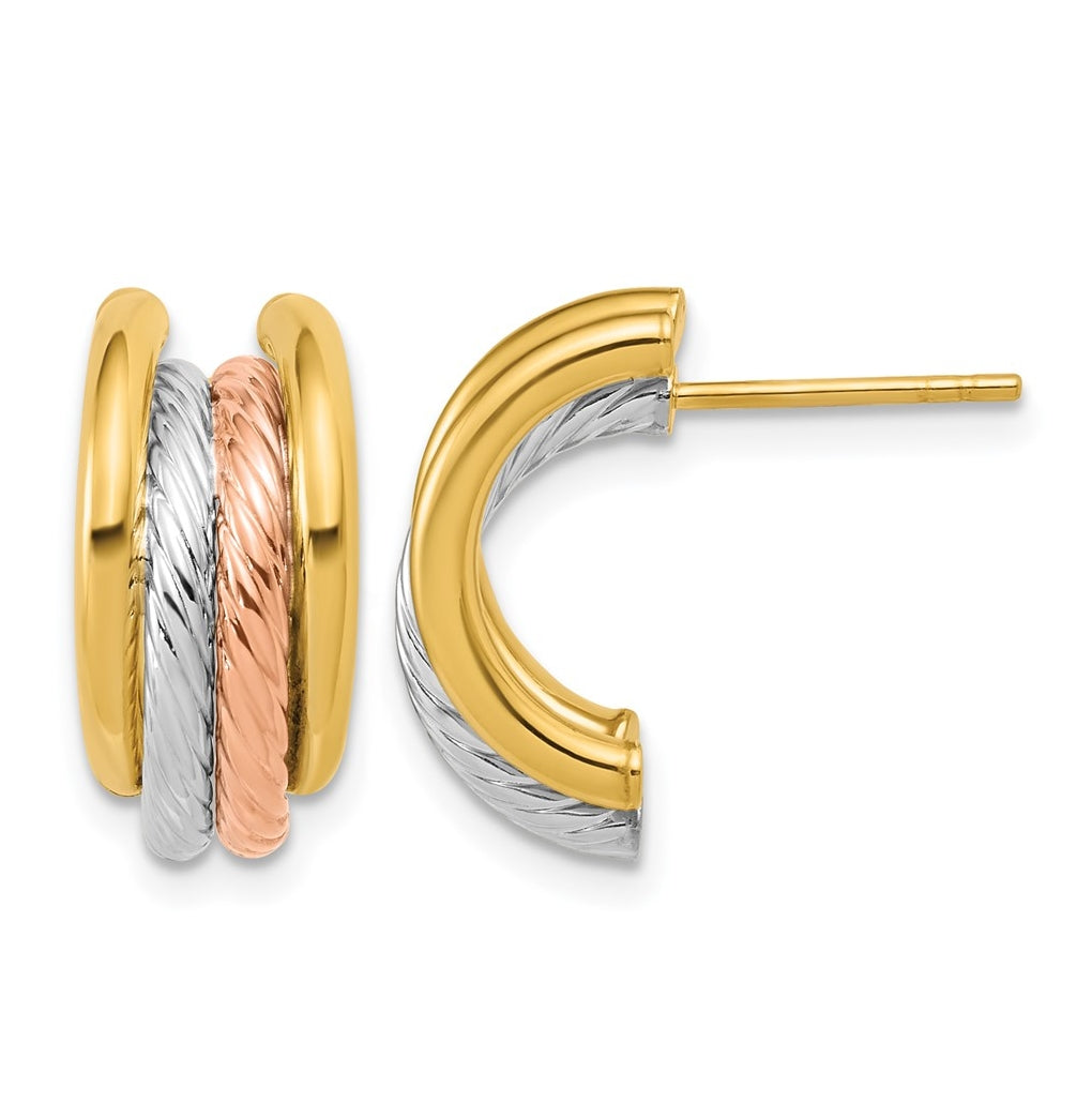 14k Yellow Gold w/Rhod/Rose Gold-plat Polished/Twisted J-Hoop Post Earrings