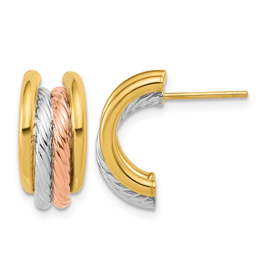 14k Yellow Gold w/Rhod/Rose Gold-plat Polished/Twisted J-Hoop Post Earrings
