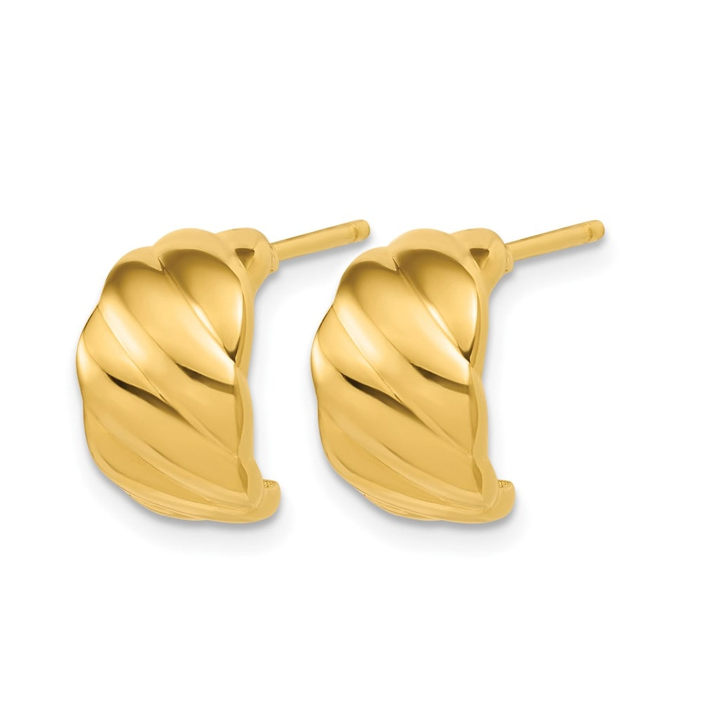 14k Yellow Gold Polished and Grooved J-Hoop Post Earrings