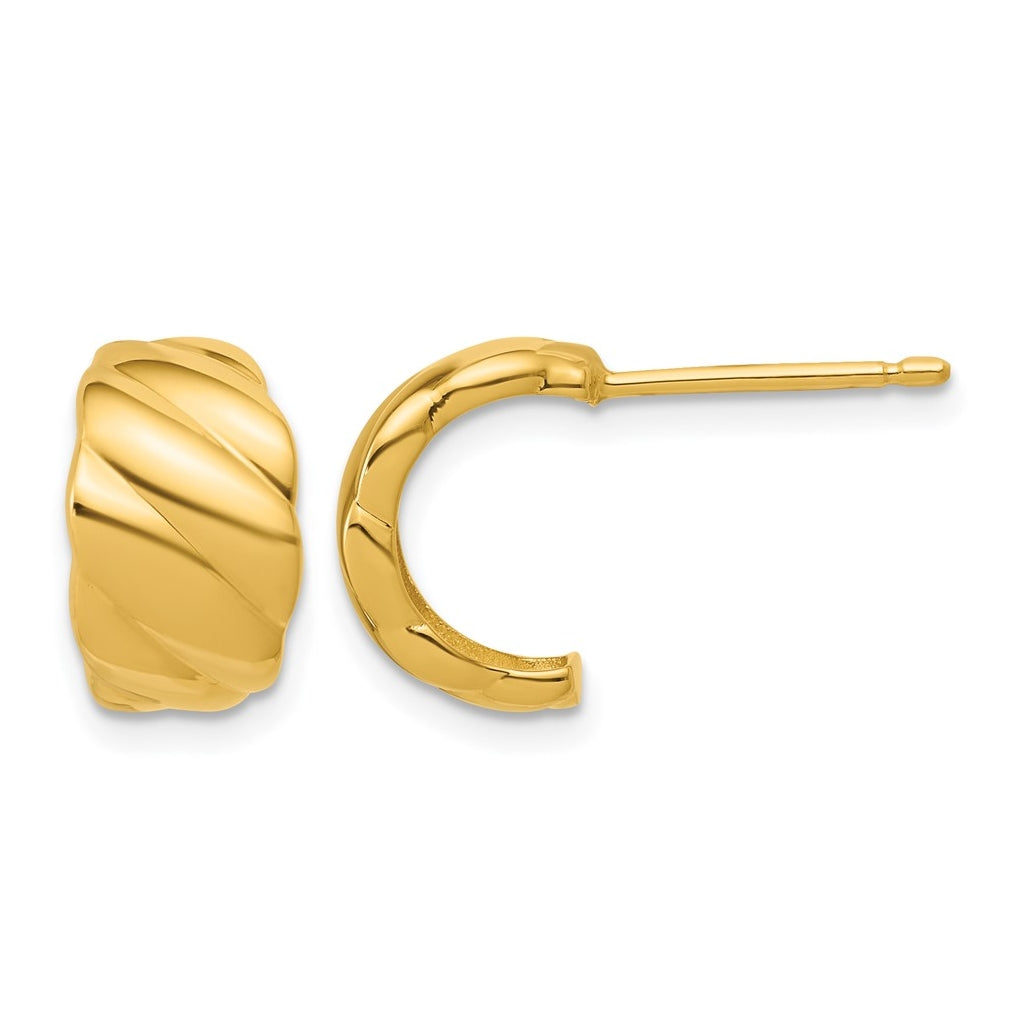 14k Yellow Gold Polished and Grooved J-Hoop Post Earrings