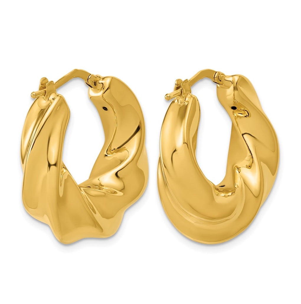 14k Yellow Gold Polished Puffed and Twisted Hoop Earrings