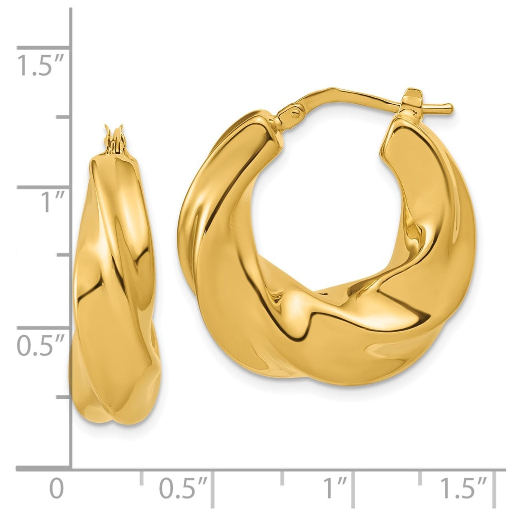 14k Yellow Gold Polished Puffed and Twisted Hoop Earrings