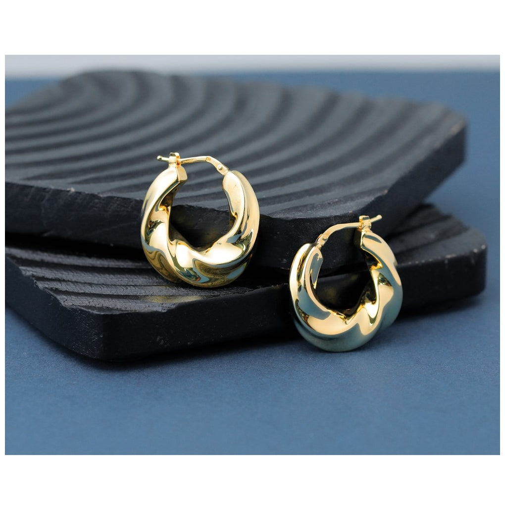 14k Yellow Gold Polished Puffed and Twisted Hoop Earrings