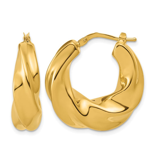 14k Yellow Gold Polished Puffed and Twisted Hoop Earrings