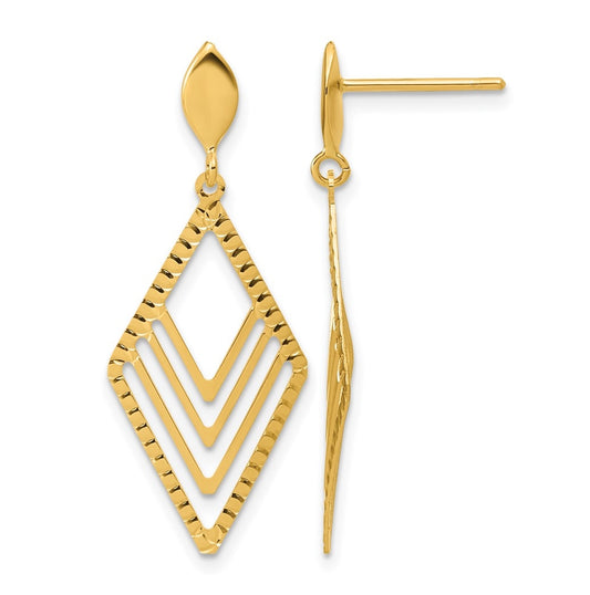 14k Yellow Gold Polished Diamond Shape Dangle Post Earrings